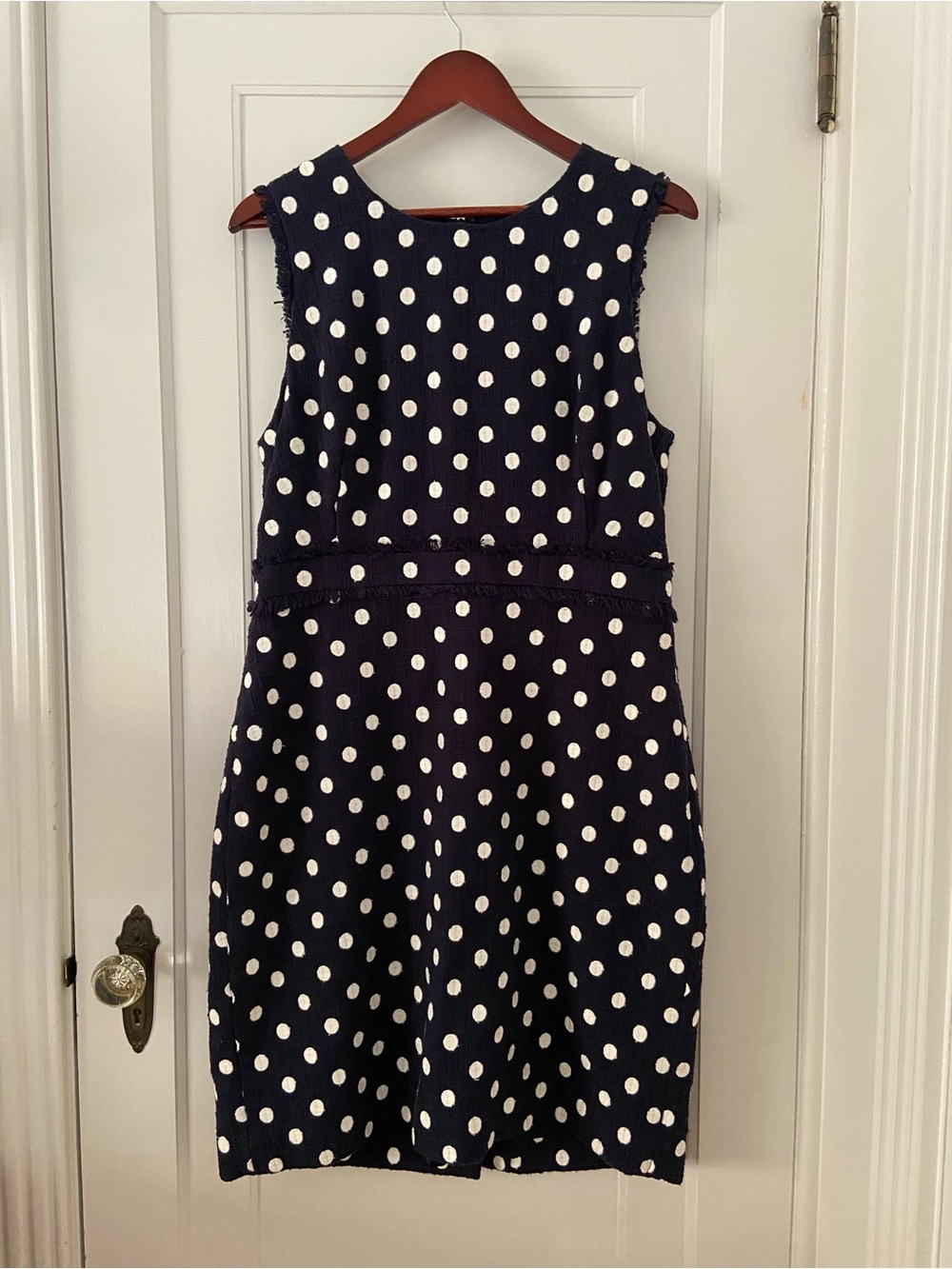 J. Crew navy and white polka dot sleeveless sheath dress, size 14